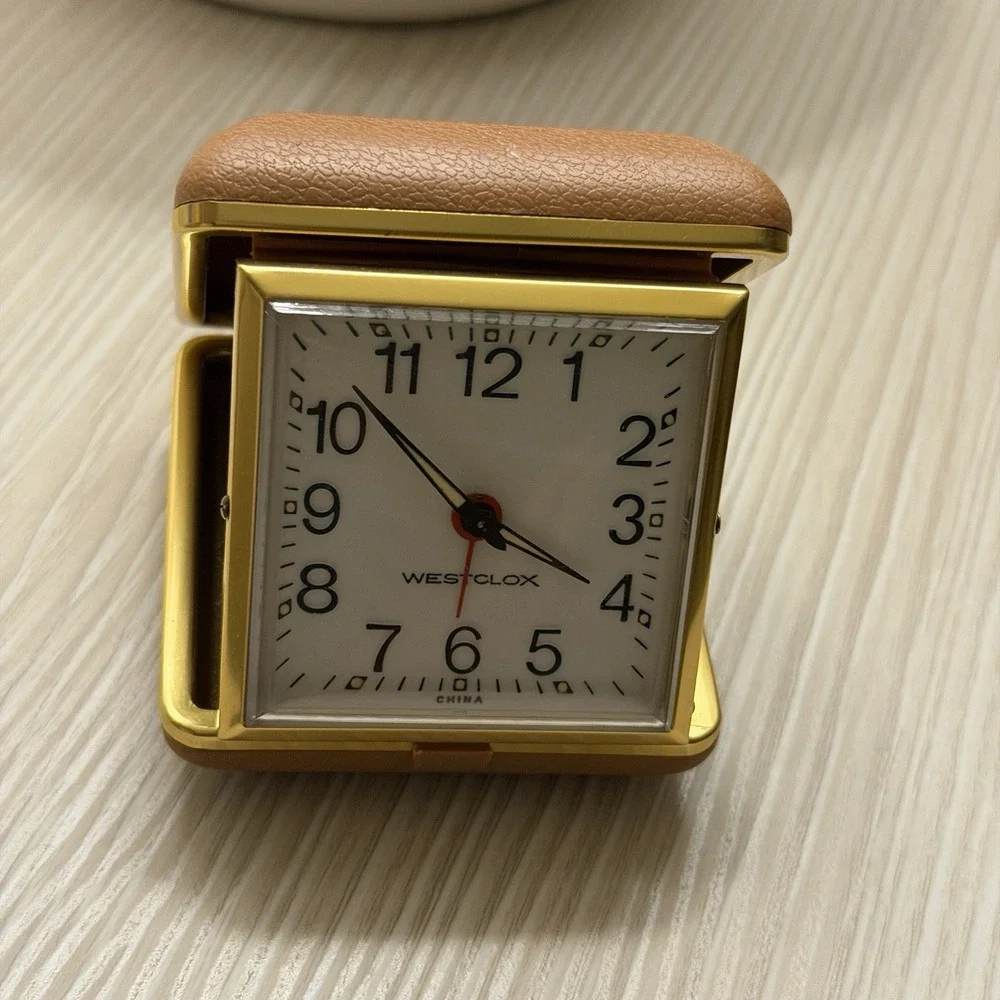 Westclox Folding Portable Travel Alarm Clock Brown Works Luminous Hands‎ Vintage